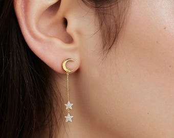 Moon and Star Stud Earrings Gold Celestial Drop Earrings, Cute Star and Moon Earrings, Labradorite, Birthday Gift for Daughter, Gift for her
