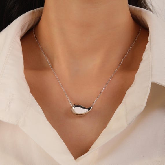 Hollow Bold Teardrop Necklace, Chunky Dome Puffy Pendant Y2K Statement Jewelry, Solid S925 Sterling Silver, September Birthday Gift for her