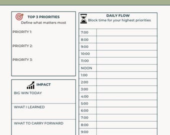 Pode incluir: Uma página de planejador branca e verde com o título "Focus. Flow. Connections. Impact." Inclui seções para fluxo diário, principais prioridades, impacto e conexões. A página tem um layout limpo e organizado com texto e ícones.