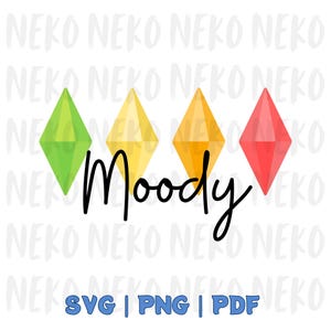 以下が含まれることがあります： 緑、黄色、オレンジ、赤の4つのひし形と、筆記体で「Moody」という文字が描かれたデジタルグラフィック。その下に青いボックスで「SVG | PNG | PDF」の文字が書かれています。