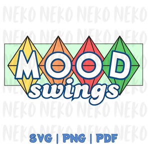 以下が含まれることがあります： 「MOOD swings」の文字が遊び心のあるフォントでデザインされたグラフィック。各文字はひし形の中に配置されています。ひし形は黄色、オレンジ、赤、緑で、薄緑色の長方形が背景です。ファイル形式はSVG、PNG、PDFです。