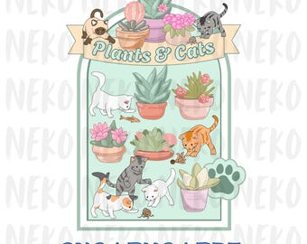 Può includere: Illustrazione digitale con piante in vaso e gatti giocosi. Il design include varie piante grasse e piante fiorite in vasi di terracotta, con diversi gatti che interagiscono con le piante. Il testo "Plants & Cats" è visualizzato.