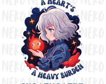Op de afbeelding: Anime-stijl illustratie met een meisje met zilver haar en blauwe ogen, die een vurige rode bol vasthoudt. De afbeelding staat tegen een donkerblauwe ruimteachtergrond met sterren en de tekst "A Heart's A Heavy Burden".