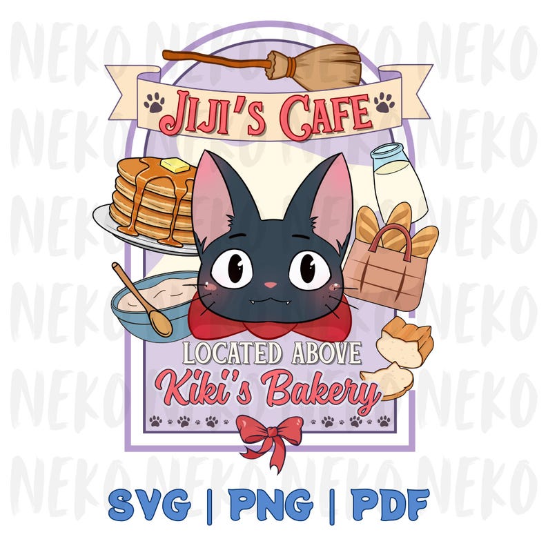 Może przedstawiać: Kapryśna ilustracja dla "Jiji's Cafe" nad "Kiki's Bakery", przedstawiająca czarnego kota z czerwoną muszką, naleśniki, chleb i miotłę. Projekt zawiera tekst "SVG | PNG | PDF."