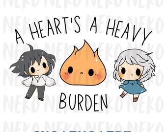 Op de afbeelding: Een digitale illustratie met de tekst "A HEART'S A HEAVY BURDEN" en drie cartoonfiguren. De figuren zijn een persoon met zwart haar, een vlam en een persoon met wit haar. De afbeelding bevat ook "SVG | PNG | PDF".