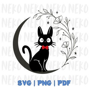 Pode incluir: Um gato preto com uma gravata borboleta vermelha sentado na lua crescente, rodeado por motivos florais e estrelas. O texto "SVG | PNG | PDF" em azul indica formatos de arquivo digital.