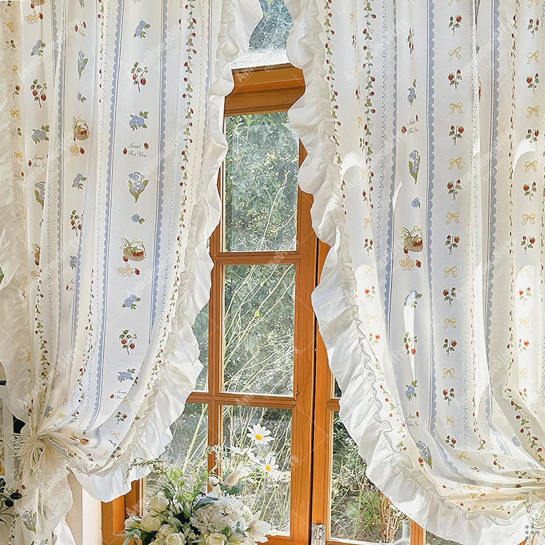 Ruffle Cottagecore Sheer Curtains: White Floral Drapes With Ruffled - Etsy