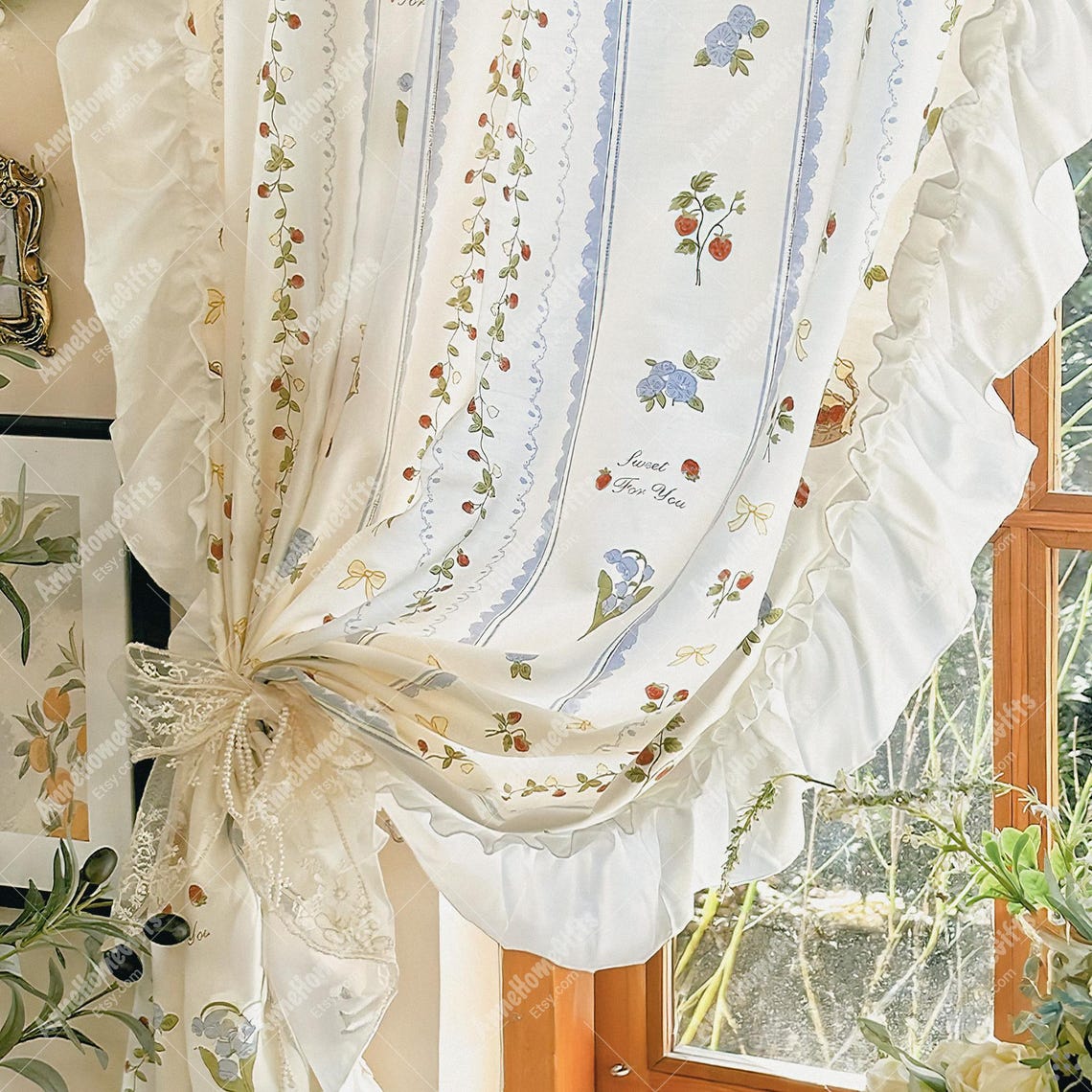 Ruffle Cottagecore Sheer Curtains: White Floral Drapes With Ruffled - Etsy