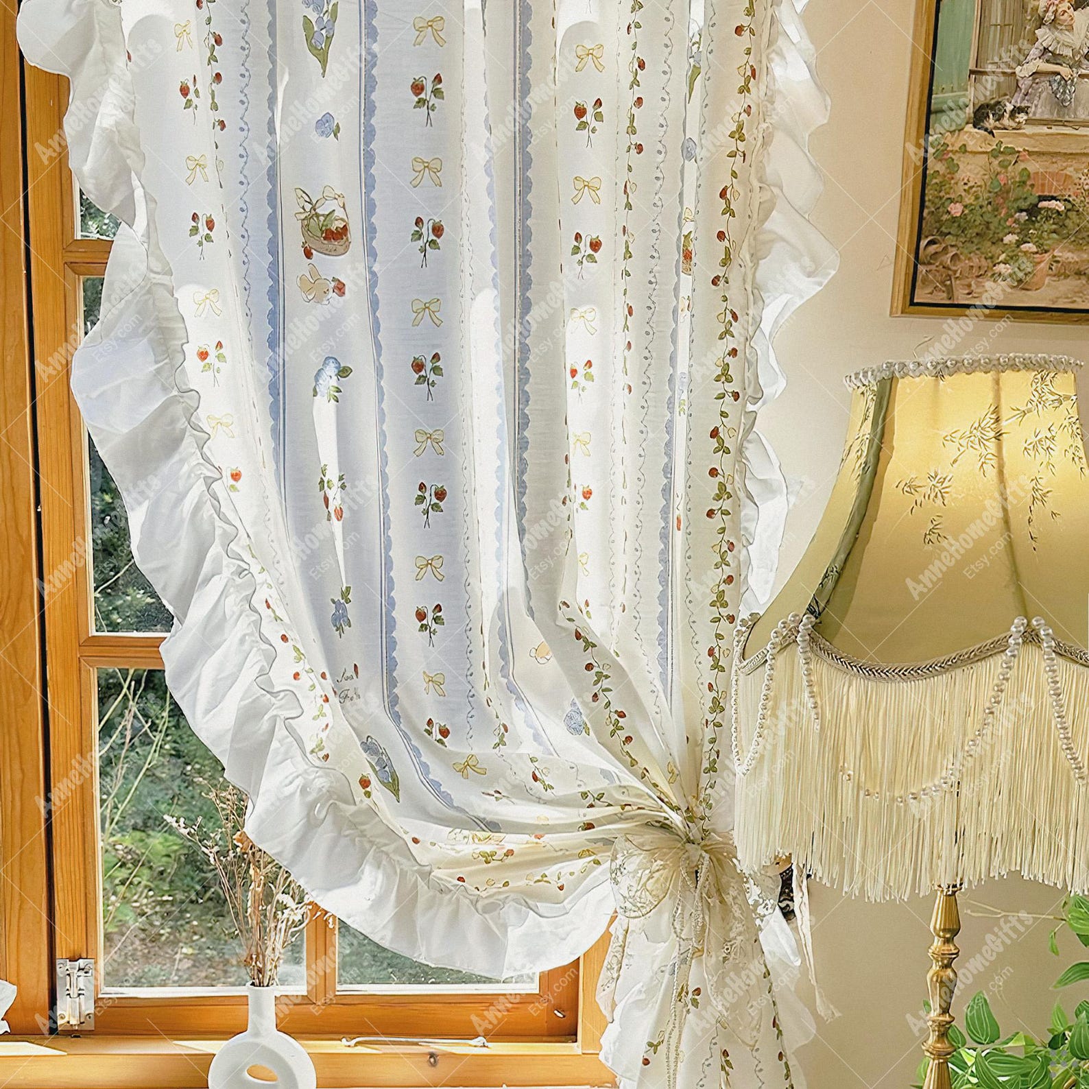 Ruffle Cottagecore Sheer Curtains: White Floral Drapes With Ruffled - Etsy