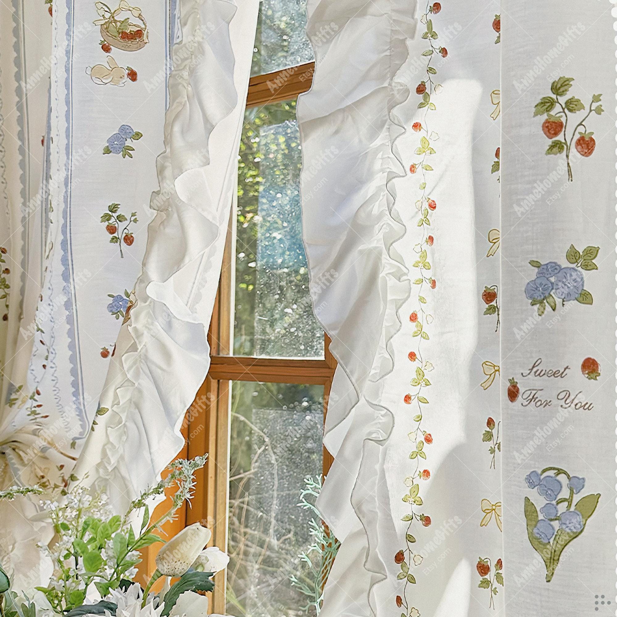 Ruffle Cottagecore Sheer Curtains: White Floral Drapes With Ruffled - Etsy