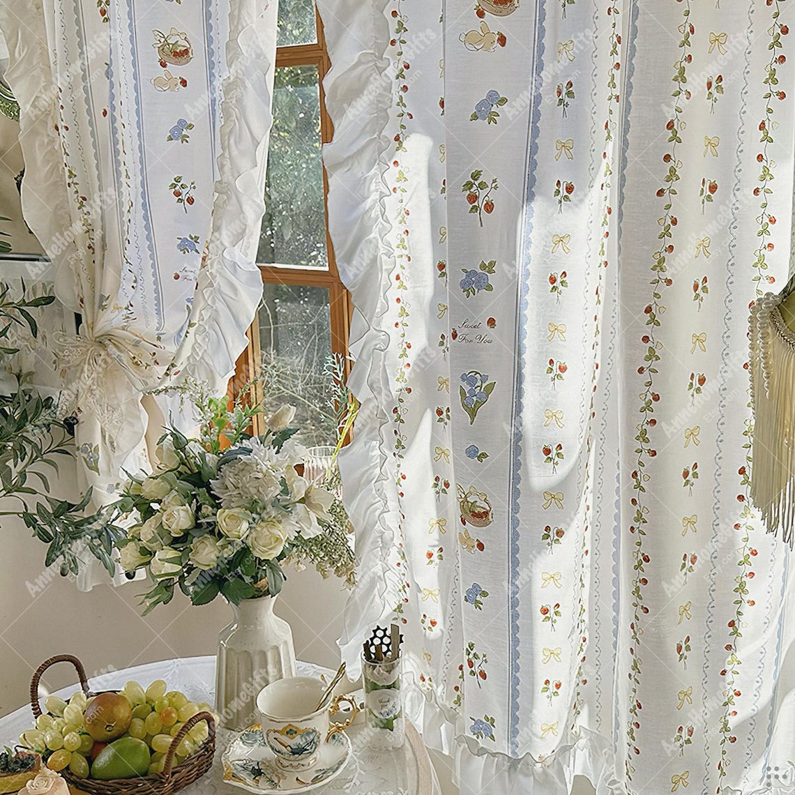 Ruffle Cottagecore Sheer Curtains: White Floral Drapes With Ruffled - Etsy