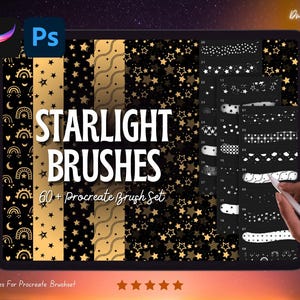 Może przedstawiać: Zestaw sztuki cyfrowej wyświetlany na tablecie, zawierający tekst "Starlight Brushes" i "60+ Procreate Brush Set". Projekt zawiera złote gwiazdy i wzory, z ręką trzymającą rysik. Widoczne są loga Procreate i Photoshop.