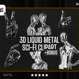 3D Liquid Metal Sci-Fi Clipart & Cyberpunk Gesture PNG + Bônus | Elementos de Design de Robô Ácido Futurista