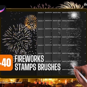 May include: A digital illustration of fireworks with the text "+40 FIREWORKS STAMPS BRUSHES" and "Brushes For Procreate Brushset".