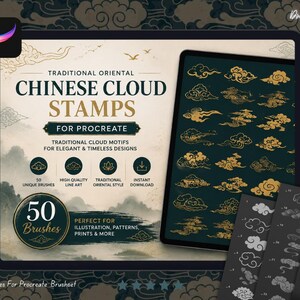 May include: A digital product display for Traditional Oriental Chinese Cloud Stamps for Procreate. The graphic features text, a collection of gold cloud illustrations on a dark background, and a set of numbered white line art cloud stamps.
