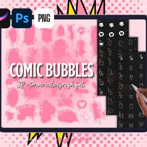 May include: A digital tablet displays a pink comic bubble brush set. The screen shows various bubble shapes, icons, and the text "COMIC BUBBLES 32+ Procreate Brush Set". Icons for Procreate, Photoshop, and PNG are also visible.