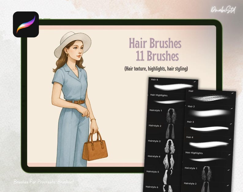 K&ouml;nnte beinhalten: Digitales Kunstprodukt f&uuml;r Procreate mit 11 Haarb&uuml;rsten. Das Bild zeigt eine Frau in einem blauen Overall und Hut, mit einer braunen Handtasche. Der Text auf dem Bildschirm lautet "Hair Brushes 11 Brushes (Hair texture, highlights, hair styling)".