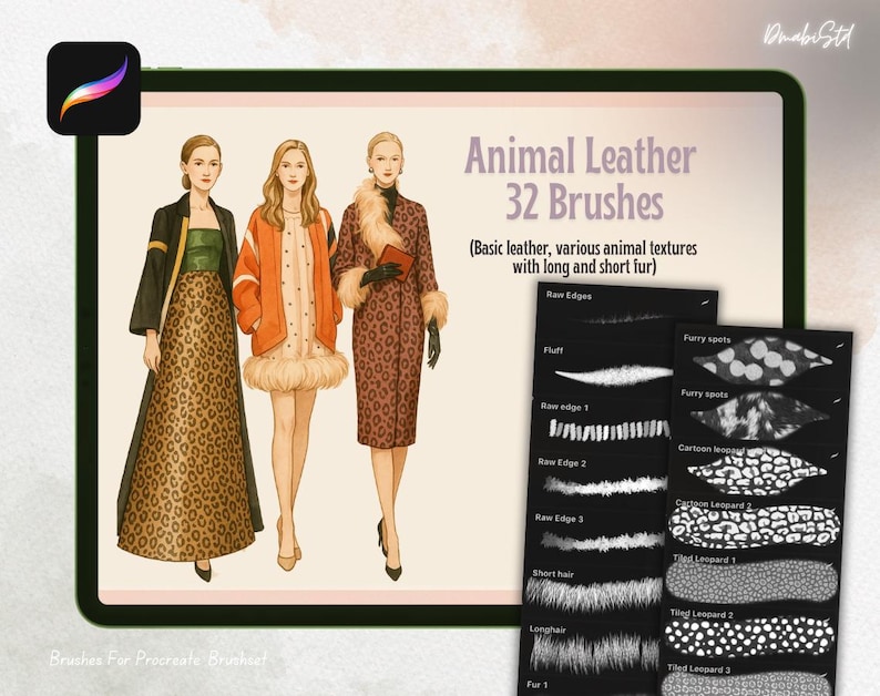 K&ouml;nnte beinhalten: Digitale Pinsel f&uuml;r Procreate mit Tierledertexturen. Das Bild zeigt Modeillustrationen und eine Vorschau des Pinselsets, einschlie&szlig;lich Fell- und Ledermustern. Der Text lautet "Animal Leather 32 Brushes".