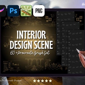 Könnte beinhalten: Ein digitales Tablet zeigt eine "Interior Design Scene" mit einem 60+ Procreate-Pinselset. Der Bildschirm zeigt Innenarchitektur-Skizzen und Symbole für Procreate, Photoshop und PNG-Dateien. Eine Hand hält einen Stift.