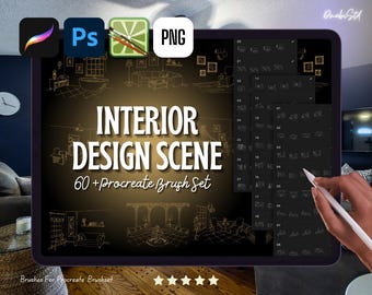Könnte beinhalten: Ein digitales Tablet zeigt eine "Interior Design Scene" mit einem 60+ Procreate-Pinselset. Der Bildschirm zeigt Innenarchitektur-Skizzen und Symbole für Procreate, Photoshop und PNG-Dateien. Eine Hand hält einen Stift.