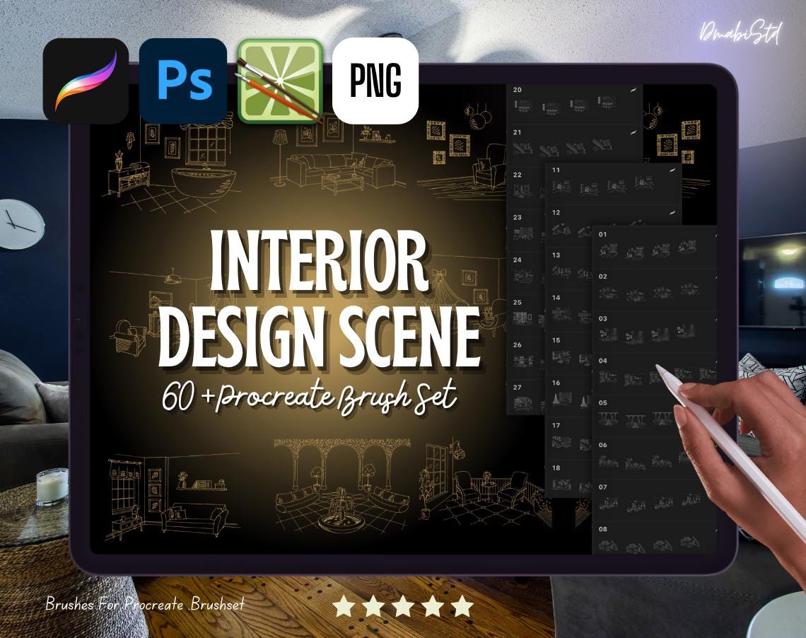 Pinceles y Sellos para Escenas de Interior en Procreate, Photoshop y SAI2 – Mobiliario, Plano, Anillos de Perspectiva y Kit de Trazado
