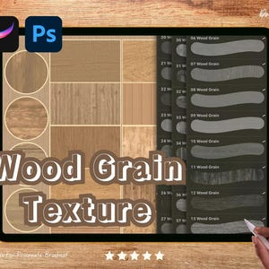 Könnte beinhalten: Ein digitales Tablet zeigt Holzmaserungstexturen und Procreate-Pinsel. Der Bildschirm zeigt verschiedene Holzmaserungsmuster und eine Liste nummerierter Holzmaserungsoptionen. Der Text "Wood Grain Texture" ist deutlich sichtbar.