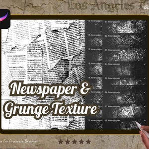 Pode incluir: Um conjunto de 8 pincéis digitais para Procreate, com texturas de jornal e grunge. Os pincéis são projetados para adicionar um visual vintage e desgastado à sua arte digital.