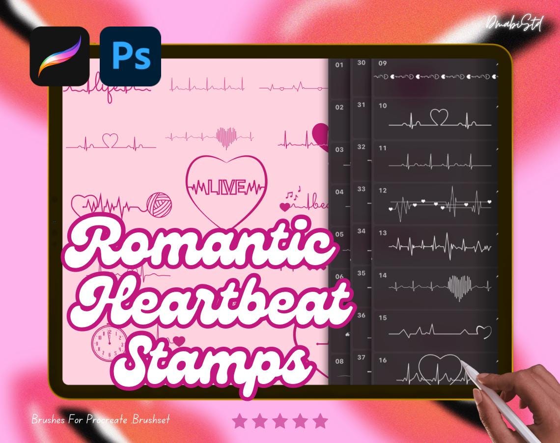 Romantic Heartbeat Stamps Brush Set: Procreate & Photoshop (Digital Download)