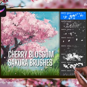 Könnte beinhalten: Eine digitale Illustration eines Kirschbaums mit rosa Blüten und grünem Gras. Das Bild wird auf einem Tablet-Bildschirm mit einem Stift angezeigt. Der Bildschirm zeigt auch einen Satz von 8 Procreate-Pinseln zum Erstellen von Kirschblüteneffekten, die mit "DMSTD - Sakura - 1" bis "DMSTD - Sakura - 8" beschriftet sind.