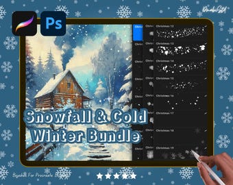 May include: A digital illustration of a winter scene with a house and falling snow. The image includes a set of 19 digital brushes for Procreate, titled "Snowfall & Cold Winter Bundle".