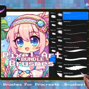 May include: A digital illustration of a girl with pink hair and a white dress holding a frog. The image is a preview of a set of pixel art brushes for Procreate.