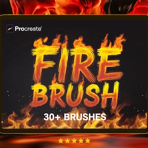May include: A digital illustration of a tablet screen with the text "FIRE BRUSH" in a stylized, fiery font. The text is surrounded by flames and the words "30+ BRUSHES" are displayed below. The Procreate logo is in the top left corner.