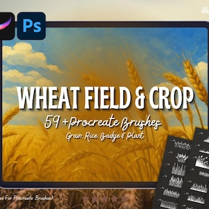 Puede incluir: Producto de arte digital mostrado en una pantalla de tableta. La imagen presenta una escena de campo de trigo con el texto "WHEAT FIELD & CROP" y "59+Procreate Brushes". El texto adicional incluye "Grain, Rice, Badge & Plant". Los logotipos de Procreate y Photoshop son visibles.