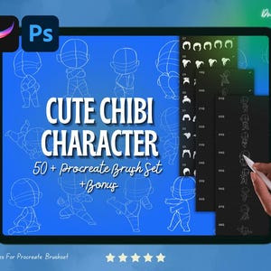 Puede incluir: Una tableta digital muestra una pantalla azul con el texto "CUTE CHIBI CHARACTER" y "50+ Procreate Brush Set + Bonus". La pantalla muestra contornos de personajes chibi y opciones de pinceles. Una mano sostiene un lápiz óptico, indicando la creación de arte digital.