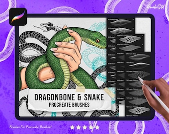 Puede incluir: Una tableta de arte digital muestra una ilustración de una serpiente verde con el texto "DRAGONBONE & SNAKE PROCREATE BRUSHES". La tableta también muestra varios patrones de escamas y huesos de serpiente, y una mano sosteniendo un lápiz.
