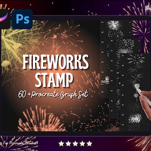 May include: A digital tablet displays a fireworks stamp set for Procreate. The screen shows the words "Fireworks Stamp" and "60+ Procreate Brush Set". The background features a fireworks display in shades of yellow, orange, and white.