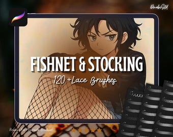 May include: Digital art brushes for Procreate, featuring the text "FISHNET & STOCKING" and "120+ Lace Brushes". The image shows an anime-style character and a preview of the brush set.