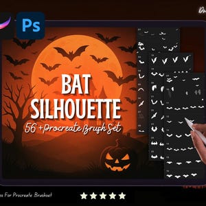 May include: A digital illustration on a tablet showcasing a Halloween-themed Procreate brush set. The image features a large orange moon, bats, a pumpkin, and the text "BAT SILHOUETTE 56+ Procreate Brush Set". A hand holds a stylus.