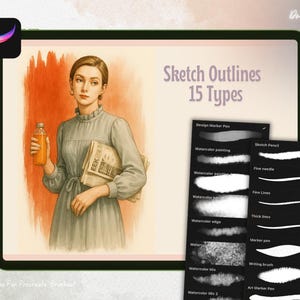 K&ouml;nnte beinhalten: Digitale Illustration einer Frau mit Flasche und Zeitung auf einem Tablet. Auf dem Tablet-Bildschirm steht "Sketch Outlines 15 Types" und Pinseloptionen. Das Procreate App-Symbol befindet sich oben links. Warme Farbgebung.