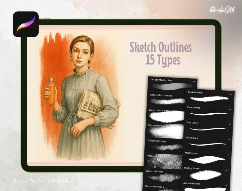 K&ouml;nnte beinhalten: Digitale Illustration einer Frau mit Flasche und Zeitung auf einem Tablet. Auf dem Tablet-Bildschirm steht "Sketch Outlines 15 Types" und Pinseloptionen. Das Procreate App-Symbol befindet sich oben links. Warme Farbgebung.