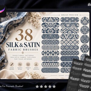 Könnte beinhalten: Ein digitaler Bildschirm mit einem Set aus 38 Seiden- und Satin-Stoffpinseln für Procreate. Das Display zeigt den Text 38 SILK & SATIN FABRIC BRUSHES, ein Raster aus blau-weißen Damastmustern sowie eine Vorschau der Pinselstriche.