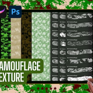 May include: A digital illustration of 8 different camouflage patterns. The patterns are in shades of green, brown, and gray. The text "Camouflage Texture" is displayed at the bottom of the image.