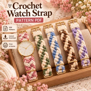 May include: A Crochet Watch Strap Pattern PDF featuring five braided watch bands in pink, green, blue, brown, and purple, each paired with a gold-tone buckle. The image includes text: Crochet Watch Strap, PATTERN PDF, PDF Pattern, Instant Download, Print at Home.
