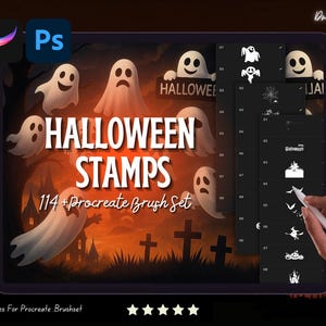 114+ Halloween Horror Brushes and Stamps Bundle for Procreate & Ps , Pumpkins, Ghosts, Castles, Bats, Trees and Gothic Atmosphere Elements