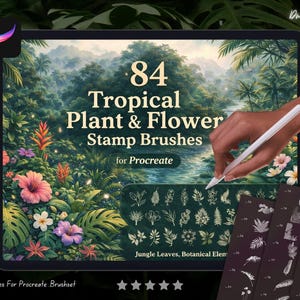 Puede incluir: Un conjunto de arte digital para Procreate con 84 pinceles de sellos de plantas y flores tropicales. La imagen muestra una tableta que muestra un exuberante paisaje tropical con flores y follaje coloridos.