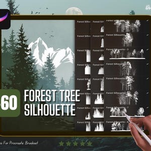 Puede incluir: Presentación de un producto de arte digital en una tableta, que muestra un conjunto de pinceles Procreate con más de 60 diseños de siluetas de árboles forestales. La imagen presenta un paisaje montañoso y el texto "FOREST TREE SILHOUETTE". Una mano sostiene un lápiz.