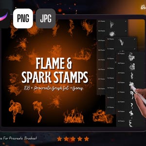 Puede incluir: Un producto de arte digital mostrado en una tableta, con sellos de llamas y chispas. El título "FLAME & SPARK STAMPS" es prominente, con "108+ Procreate Brush Set + Bonus" debajo. La imagen incluye iconos de tipo de archivo PNG y JPG e ilustraciones de llamas.