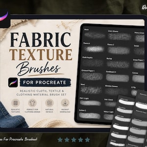May include: A digital display showing a Procreate brush set titled Fabric Texture Brushes. The screen features a menu of various fabric and material textures including mesh, linen, fleece, denim, burlap, canvas, wool, and felt in white on black.