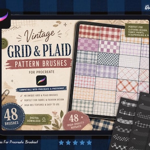 May include: A digital product display for Vintage Grid & Plaid Pattern Brushes for Procreate. The graphic features text, a tablet screen showing a grid of various plaid patterns, and a set of brush stroke samples in black and white.