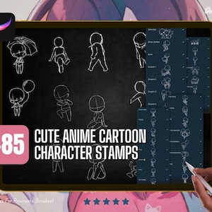 88+ Cute Anime Cartoon Characters Human Auxiliary Line Poses Procreate Bundle | Dynamic Figure Drawing & Sketching Stamps